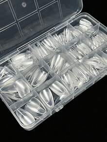 330pcs/Box Short Almond Shaped Acrylic Matte Transparent Nail Tips, 15 Sizes Carved Soft Gel Quick Extension Nail Kit, Press-On Artificial Fake Nails - Clear - View 4