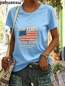 4th Of July Outfit WomenUSA 250th AnniversaryCommemorative Print Women's InspiredT-Shirt Short RoundNeckTopWhite LightweightY2K Short Sleeve Round Nec - 淺藍色 - 查看 4