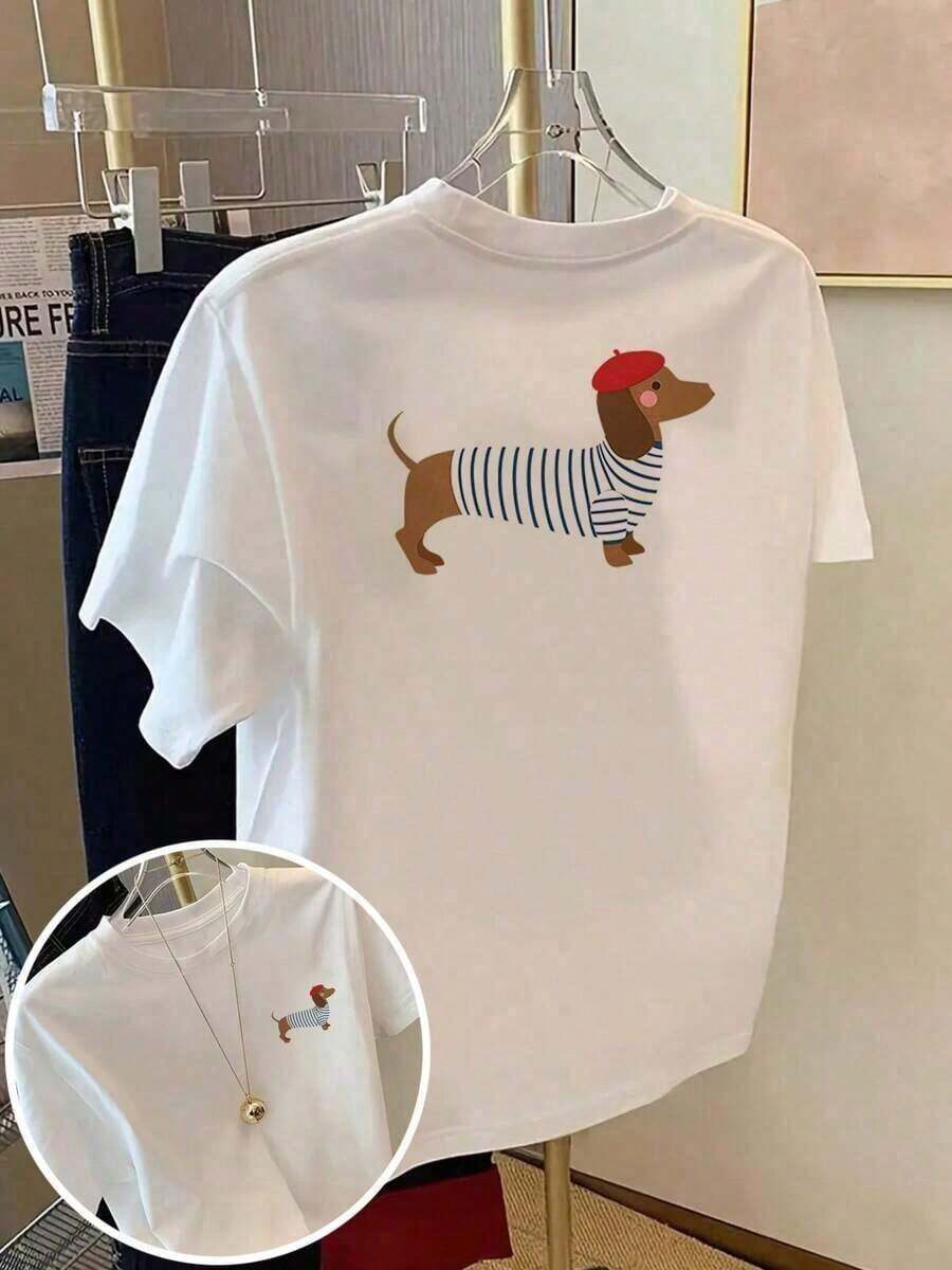 Avslappnad kortärmad t-shirt, rund hals, sött hundtryck, vit, för sommaren, för kvinnor. - Vit - Visa 1