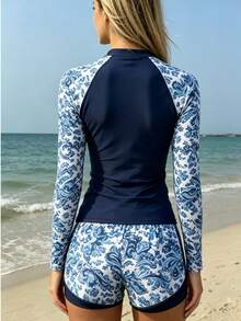 2-Piece/Women's Long-Sleeved Surf Set, Surf Suit, Wetsuit, Tropical Plant Print Raglan Sleeve Surf Top Set For Women, Women's Contrasting Tropical Print Long-Sleeved Rashguard Set For Summer Beach Vacation, Women's Surf Suit - 淺藍色 - 查看 2