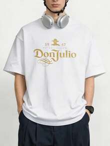 Camisa de manga corta de cuello redondo suave y casual de verano para hombre, Don Julio 1842 con estampado gráfico de letras doradas retro, adecuada para uso diario y de ocio. Negro - Blanco - Ver 3