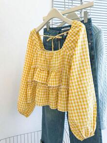 Blusa con volantes en el bajo, nueva llegada de otoño para mujer - Amarillo - Ver 12
