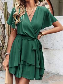 Vestido con cinturón de manga mariposa bajo a capas - lacre - Ver 11