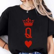 100% Cotton Graphic T-Shirt | Couple T-Shirts 2026 | King Crown Spade Queen Crown Heart Graphic T-Shirt | Suitable For Valentine's Day And Casual Wear | Gifts For Men And Women - 黑色 - 查看 1