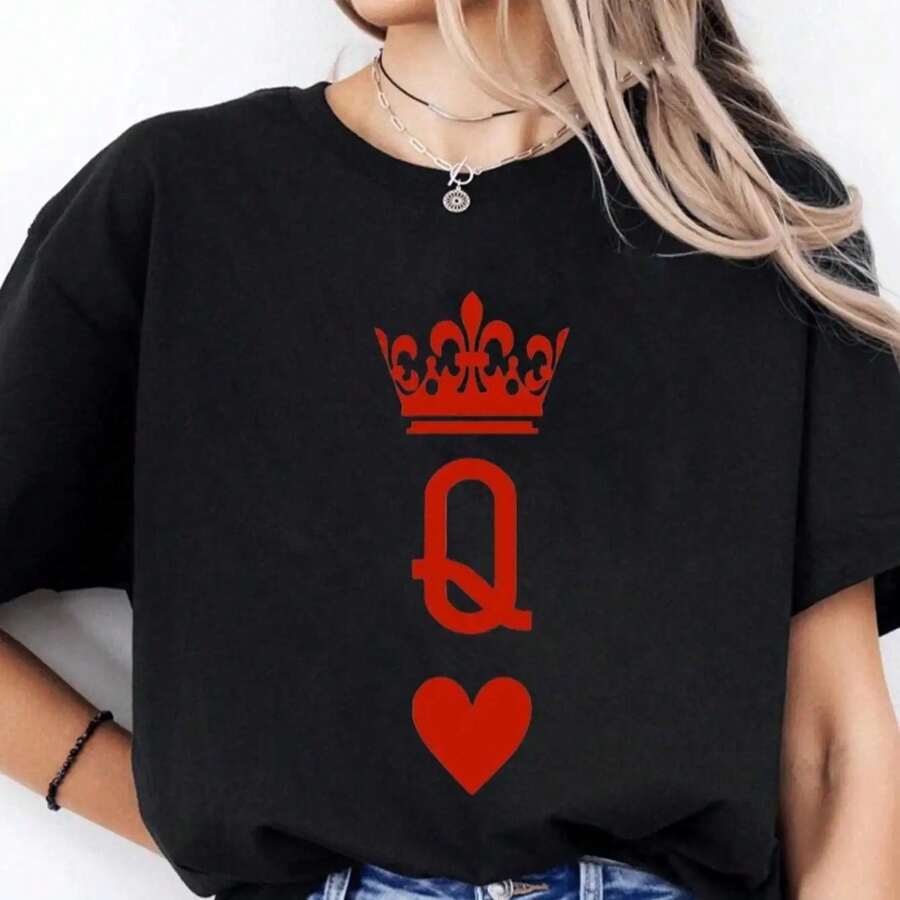 100% Cotton Graphic T-Shirt | Couple T-Shirts 2026 | King Crown Spade Queen Crown Heart Graphic T-Shirt | Suitable For Valentine's Day And Casual Wear | Gifts For Men And Women - 黑色 - 查看 1