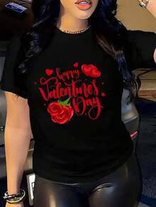 Camiseta de San Valentín para Mujer con Estampado | Negra con Rosa Roja y Estampado de Corazón, Top Casual de Manga Corta y Cuello Redondo, Lavable a Máquina, Cómoda para Todas las Estaciones, Outfit Romántico, Diseño Estampado Duradero - Negro - Ver 2