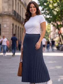 Women's Pleated Knit Skirt, Long, Wide Waistband, Evangelical Style, Elegant And Casual Knit - 海洋 - 查看 3
