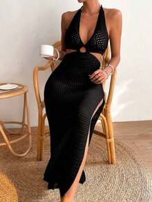 Vestido de suéter sin mangas con cuello halter, abertura alta y hueco de unicolor - Negro - Ver 6