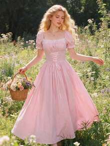MEXGlamine Charm Vestido largo con estampado floral, mangas de globo, cintura con lazo y encaje patchwork para mujerMEX 6UUH - Rosa - Ver 11