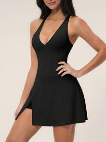 TimeOff 1 pieza Vestido-pantalón corto de mujer con cuello en V, unicolor, abertura lateral, volante en el bajo, tirantes cruzados, bolsillo y forro - Negro - Ver 7