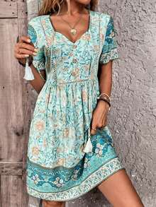 Vestido de verano casual y de vacaciones con estampado floral y manga corta para mujer - verde menta - Ver 6