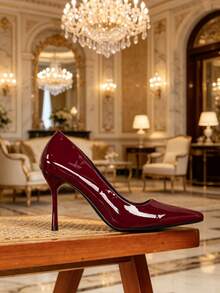 Women's Patent Leather Pointed Toe Stiletto Heels, Elegant High Heel Pumps For Formal Party Wedding Office Work, Daily Wear Dress Shoes For Ladies, Spring Summer Burgundy Red High Heels For Women - 酒紅色 - 查看 2