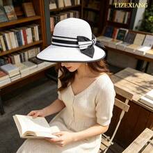 Black Bow Summer Straw Sun Hat,Cruise Essentials,Beach Accessories For Women,Beach Hat,Hats For Women,Summer Hats For Women,Sun Hats For Women,Straw Hat,Hats For Women Elegant - trắng - Xem 10