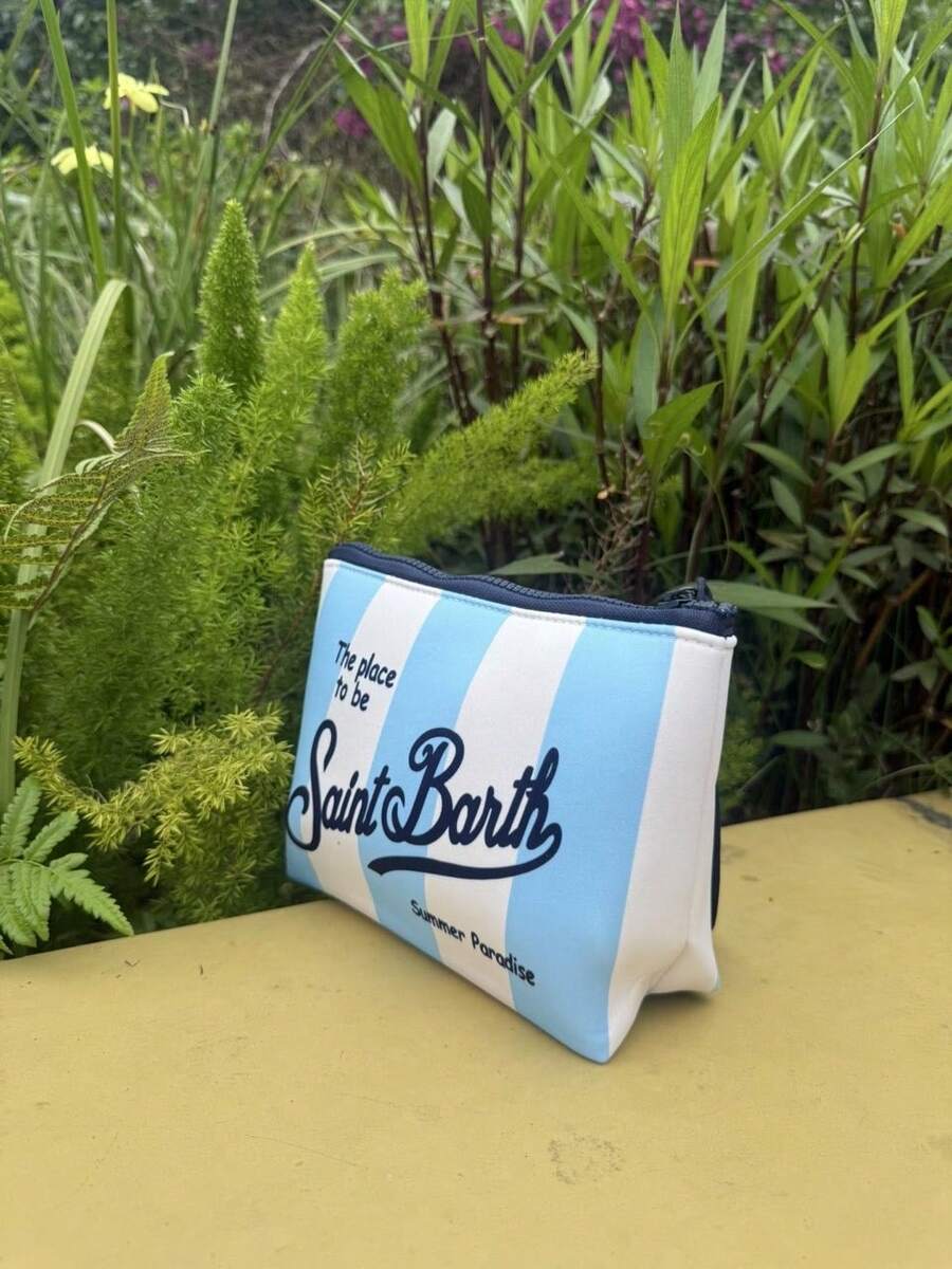 1 Piece Travel Makeup Bag, S-Saint B-Barth Material, Printed Striped Portable Storage Bag, Cosmetic Bag, Handbag, Makeup Bag, Travel Storage Bag, Zipper Organizer Bag, Lightweight Makeup Case, Unisex Travel Gift - Màu xanh lam - Xem 1