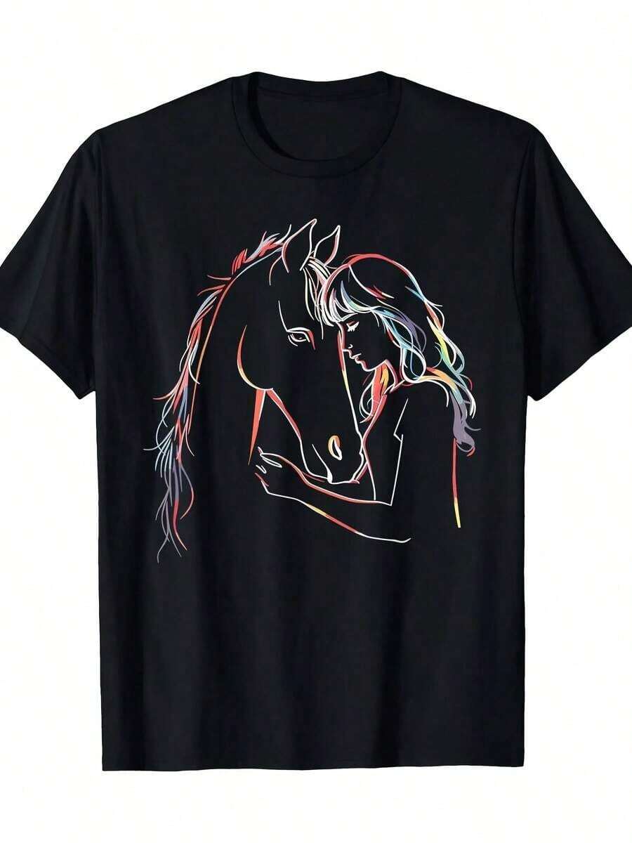 Camiseta con Estampado de Caballo y Jinete Inspirada en la Equitación, 100% Algodón, Cuello Redondo, Tejido de Punto Casual para Todas las Temporadas con Elasticidad Media - Negro - Ver 1