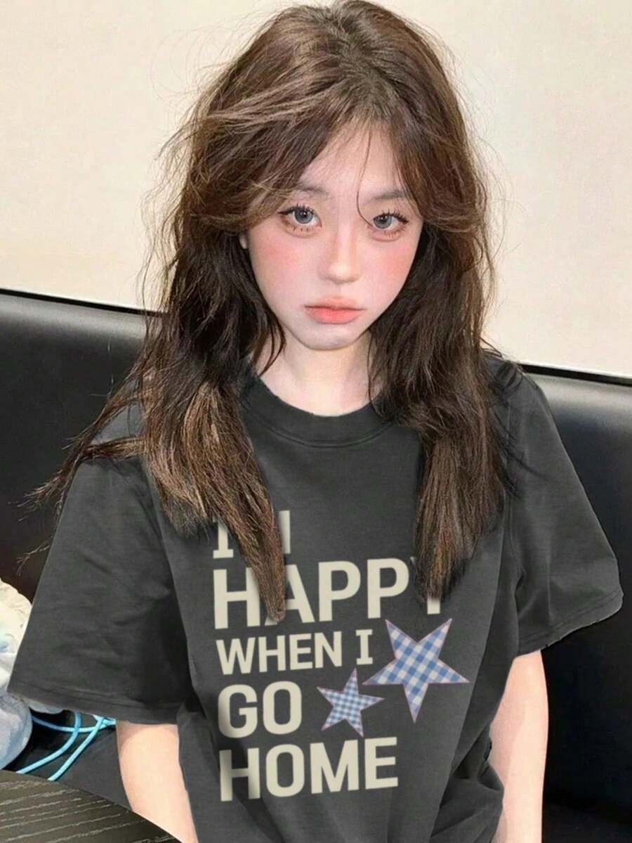 [ 100% Cotton ] Recommended New Products For Summer 2026: Lace Logo T-Shirt, Summer Dress, Women's Fashion T-Shirt, Short Sleeve Office Casual 200g Cotton Cartoon Character Printed Loose White Top, Y2K Women's Top, Spring Dress Top - Dark Gray - View 1