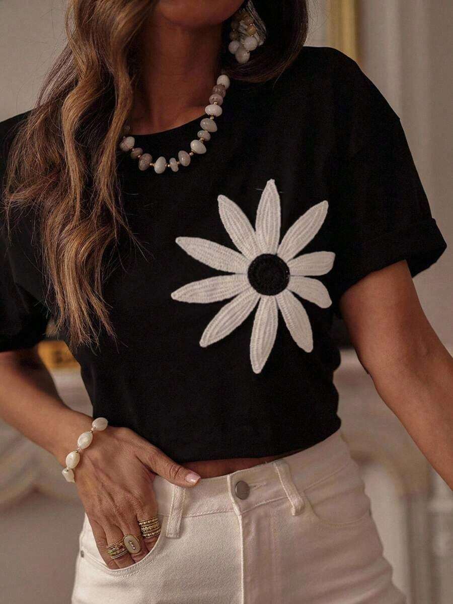 Fashionable Summer Short-Sleeved T-Shirt With Round Neck For Women - 黑色 - 查看 1