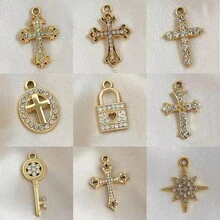 Set de 10 piezas de dijes con cruz de cristal rhinestone para hacer joyas DIY como aretes, collares y pulseras - Dorado - Ver 1