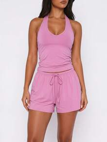 TCVC Women's 2 Pieces Halter Neck Loungewear Set With Removable Padded Bra, 3 Colors Available Sports - Pink - View 2