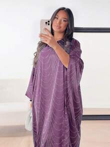 Middle East 2026 Spring/Summer New Women's Fashion Loose Rhinestone Abaya Cardigan Long Robe - Mauve Purple - View 5