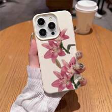 1pc TPU Material Elegant Pink Lily Flower Pattern Phone Case Suitable For IPhone 17 Pro Max/17/16 Pro Max/15/13/12/11, S20 FE/A15/S24/A55, Note 11/12/13 Pro, Full Coverage Anti-Drop Soft Protective Phone Cover - White - View 4