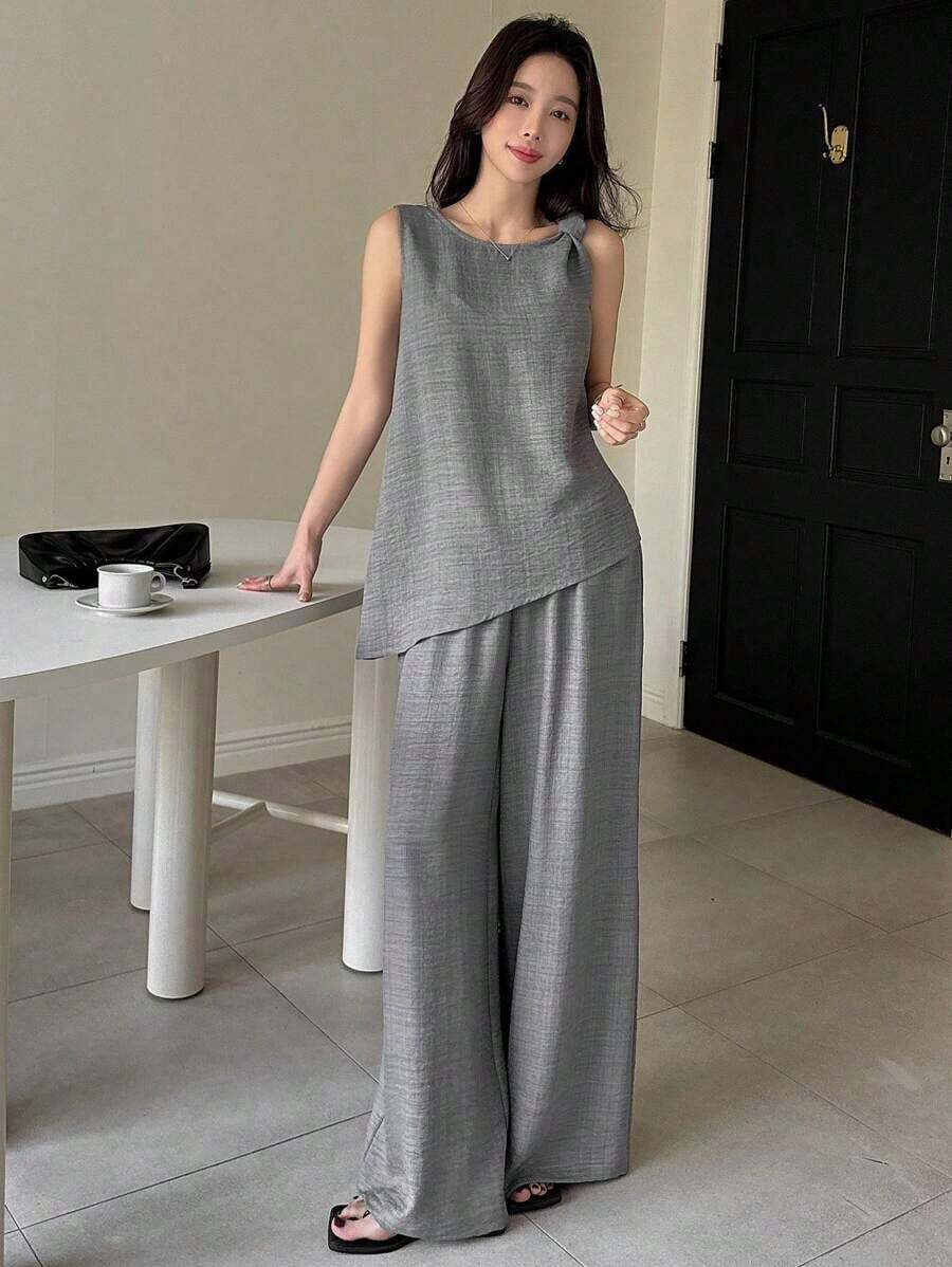 2026 Conjunto de 2 piezas de verano para mujer con sensación de lino, estilo vintage, para playa y tiempo libre, conjunto informal y holgado - Gris - Ver 1