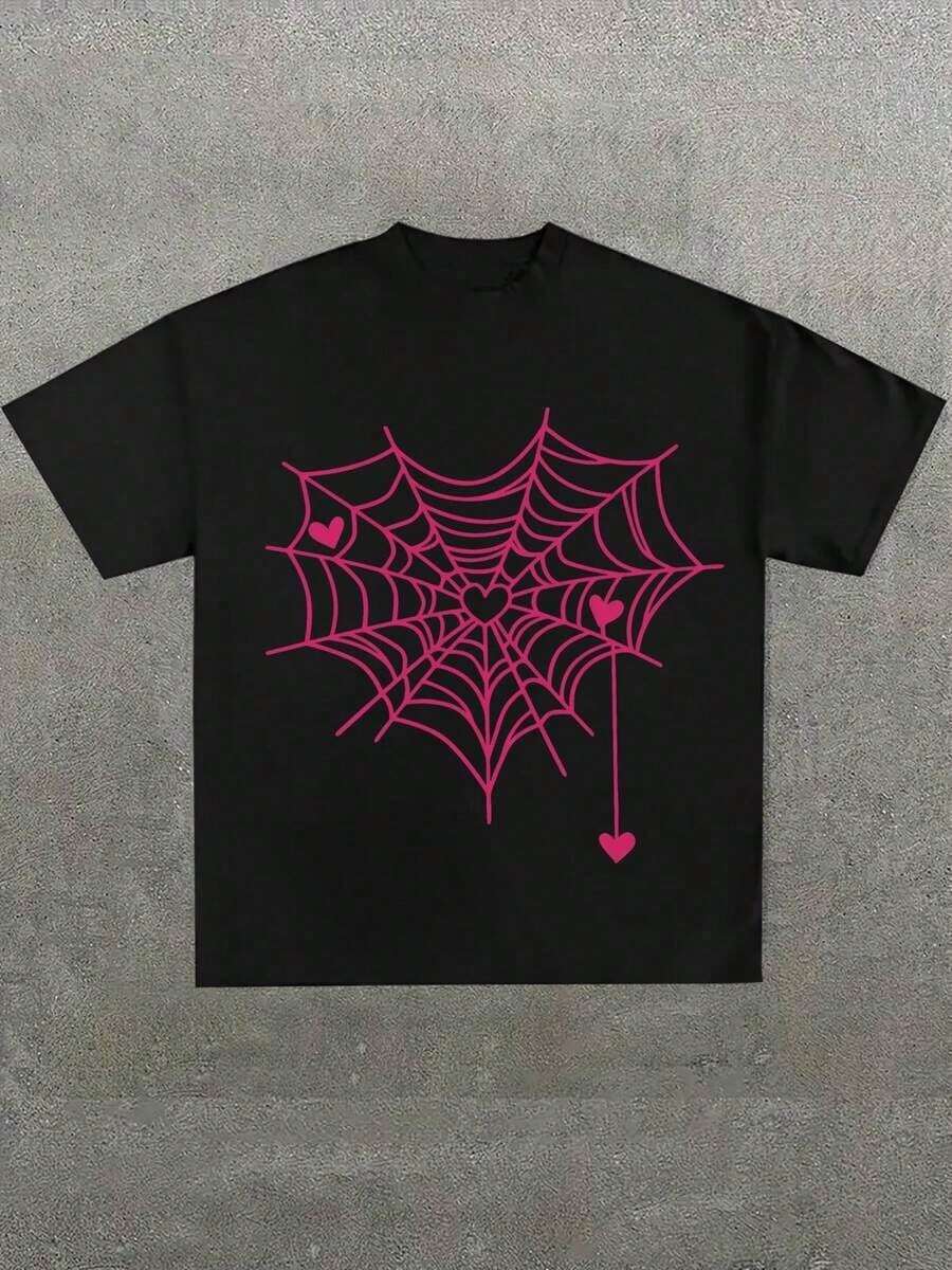 Pink Spiderweb And Hearts Graphic T-Shirt, Comfortable And Casual Short Sleeve, 220 Gram Cotton Printed T-Shirt, Halloween - 黑色 - 查看 1