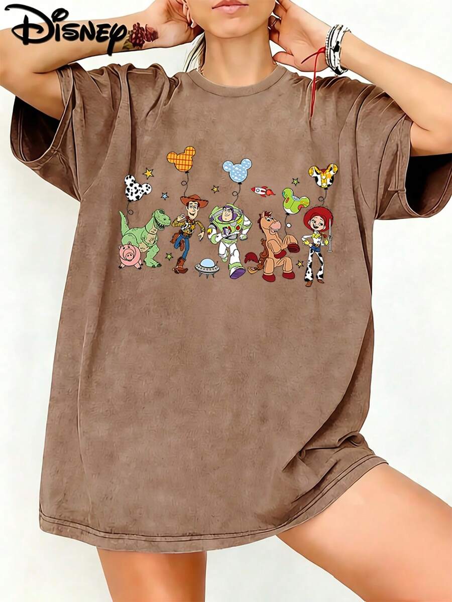 Disney Toy Story Mickey Balloon Characters Graphic Washed T?Shirt For Women, 100% Cotton Oversized Vintage Short Sleeve Tee, Disney Family Trip Themed Casual Top Unisex T?Shirt - Cà phê nâu - Xem 1