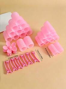 19pcs/Set Pink Self-Adhesive Hair Curlers, Including Various Sizes Of Curlers, Positioning Alligator Clips, And A Super Cute Flower Hair Clip, Practical For Fixing Curlers And Styling, Suitable For Girls And Women, Perfect For Vacation, Dates, Graduation Season Or Daily Wear,Hair Styling Kit,Hair Clutch - Multicolor - View 10