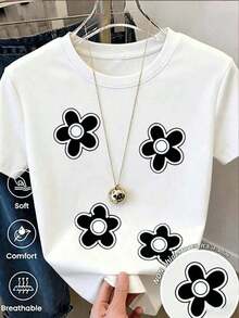 Camiseta de manga corta de moda primavera-verano 2026, hecha en México. Adopta un diseño de patrón floral, fácil de combinar con todo tipo de atuendos primaverales y se adapta a todas las formas del cuerpo. Ideal para citas, desplazamientos diarios y salidas informales. - Blanco - Ver 7