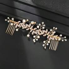 1pc Adjustable Pearl Beaded Hair Comb, Silver Crystal Bridal Hair Accessory With Leaves, Suitable For Women Wedding - Gold - View 5