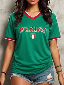 Women's Mexico Football Jersey With Heart Flag - Sporty Style Oversized Green  Y2K Football Motif V Neck Short Sleeve - 綠3 - 查看 1