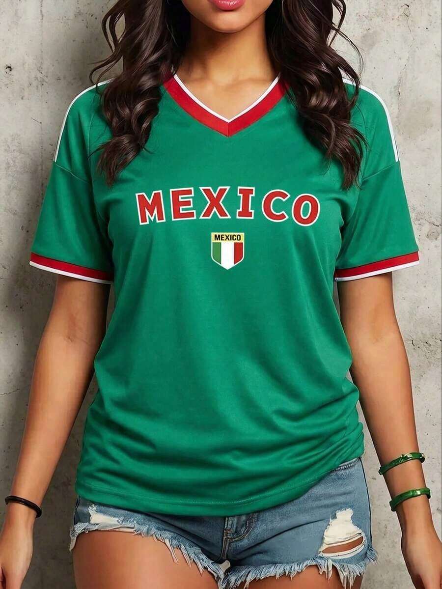 Women's Mexico Football Jersey With Heart Flag - Sporty Style Oversized Green Y2K Football Motif V Neck Short Sleeve - 綠3 - 查看 1