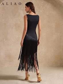 ALIAO Elegant Retro Sleeveless Tassel Maxi Dress For Women, Perfect For Festivals, Celebrations And Beach Parties In Autumn Black Summer - Black - View 4