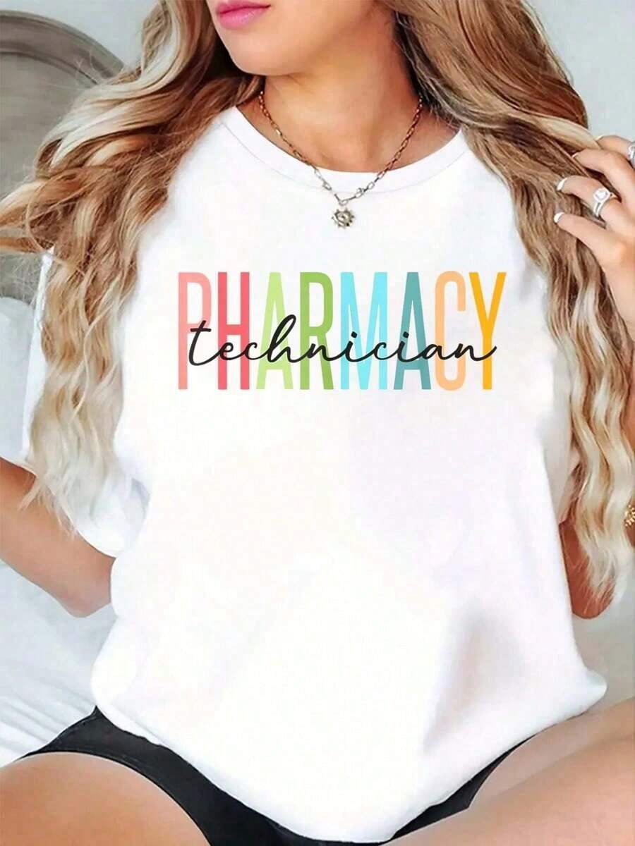 Camiseta 100% Algodón para Técnico Farmacéutico, Farmacéutico Certificado, Farmacéutico, Camiseta Estampada, Casual, Cuello Redondo, Manga Corta, Cómoda, para Primavera y Verano, Ropa de Mujer para Primavera y Verano, Ropa de Tallas Grandes para Mujer, Adecuada para primavera, verano y otoño. - Blanco - Ver 1