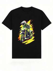 Camiseta de verano para niños, suave y casual, de manga corta y cuello redondo, con estampado gráfico de motocicleta todoterreno; ideal para uso diario, deportes y estilo urbano.White - Negro - Ver 2
