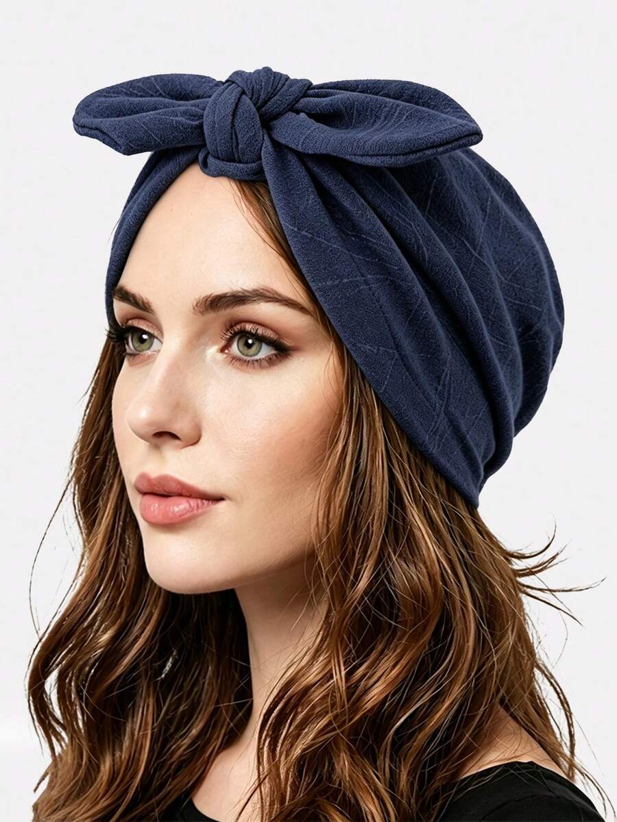 1pc Women's Bowknot Headscarf, Head Wrap, Suitable For Daily Use - Navy - View 1