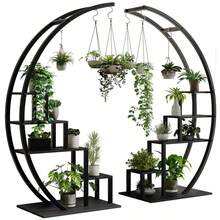 Soporte para plantas de interior con 4 ganchos colgantes, estante alto de 5 niveles para plantas de 56", estante para plantas en forma de media luna, estante de exhibición, 2 piezas de soporte para plantas, estante para flores, estantes de almacenamiento para sala de estar, patio, decoración exterior en negro/marrón. - Negro - Ver 6