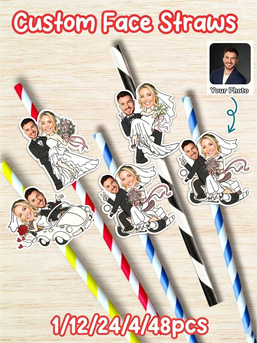 1/12/24/48pcs Personalized Wedding Party Straws - Custom Silhouette Photo, Comes With Straws And Fasteners For You To Install - Add Fun To Personalized Party Drink Decorations