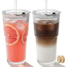 20oz Reusable Ribbed Glass Tumbler Set – 2 Pack Leakproof Glass Cups With Bamboo Lids,Thickened Glass– Aesthetic Iced Coffee Glasses For Home, Office, Travel, And Gifts (4, Transparent) - 透明條紋 - 查看 1