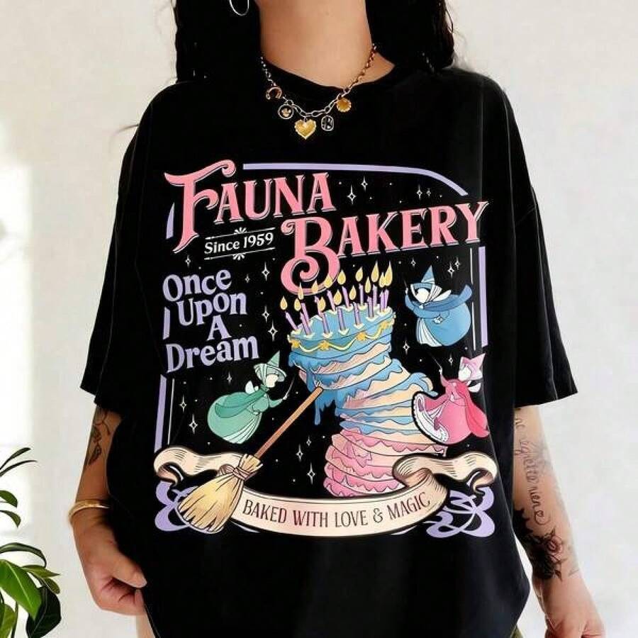 Girls' Clothing (Only Available For The Short-Sleeved Shirt Shown In The Image) Fauna Bakery Comfort Color T-Shirt, "Baked With Love And Magic" Print T-Shirt, "Sleeping Princess, Fairy Godmother" T-Shirt, Family Gift For Theme Parks, Cotton Sets For Family Gatherings And Parties. - 白色 - 查看 1