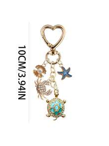 Gold Ocean Theme Keychain, Decorated With Turtle, Crab, Starfish And Pearl Charms, Heart-Shaped Lobster Clasp Bag Charm, Sparkling Rhinestone And Enamel Accents - Multicolor - View 12