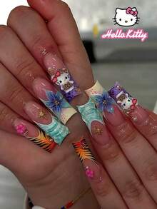 SANRIO 24片裝 Hello Kitty 長方形法式美甲貼片，含3D可愛Hello Kitty、3D凝膠花朵、豹紋與金色珍珠裝飾，全覆蓋假指甲套組，適合女性與女孩日常與派對使用，穿戴式指甲 - 彩色 - 查看 2