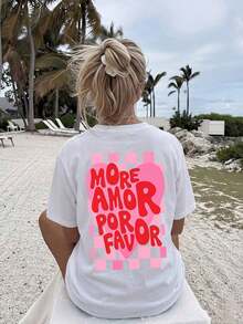 2026 Fashion ,1PC,Vintage More Amor Por Favor Checkered Heart Loose-Fit Women's-Shirt, Summer Beach Vacation Style Aesthetic Double-Sided Print Short- - 白色 - 查看 4