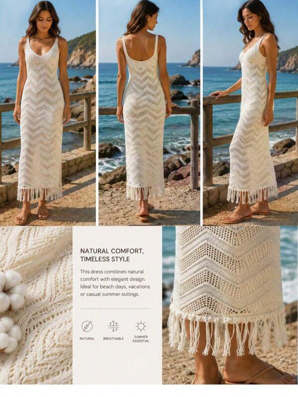 Women Crochet Knit Mini Dress Spaghetti Strap Bodycon Slim Fit Hollow Out Boho Summer Beach Vacation Party Elegant Short Dress Cotton Blend