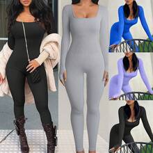 Women's Jumpsuit, New Autumn And Winter Product, Ribbed Square Neck, Enhances The Hip, Fitted Cut, Sexy Jumpsuit. - 藍色 - 查看 5