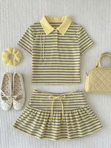 Conjunto de 2 piezas de camiseta de manga corta a rayas y minifalda casual de verano para mujer - Multicolor 4 - Ver 3