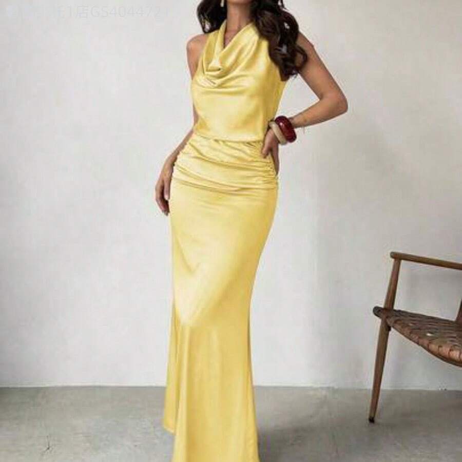 MewMuse. Conjunto de 2 piezas con blusa con cuello de corbata de satén y pliegues, con espalda atada, y falda larga fruncida, adecuado para el Día de San Valentín, concierto, actuación, cita, fiesta, baile de graduación, boda, sexy, elegante, viaje al trabajo, vuelta al colegio, vacaciones, playa, romántico - Amarillo - Ver 1