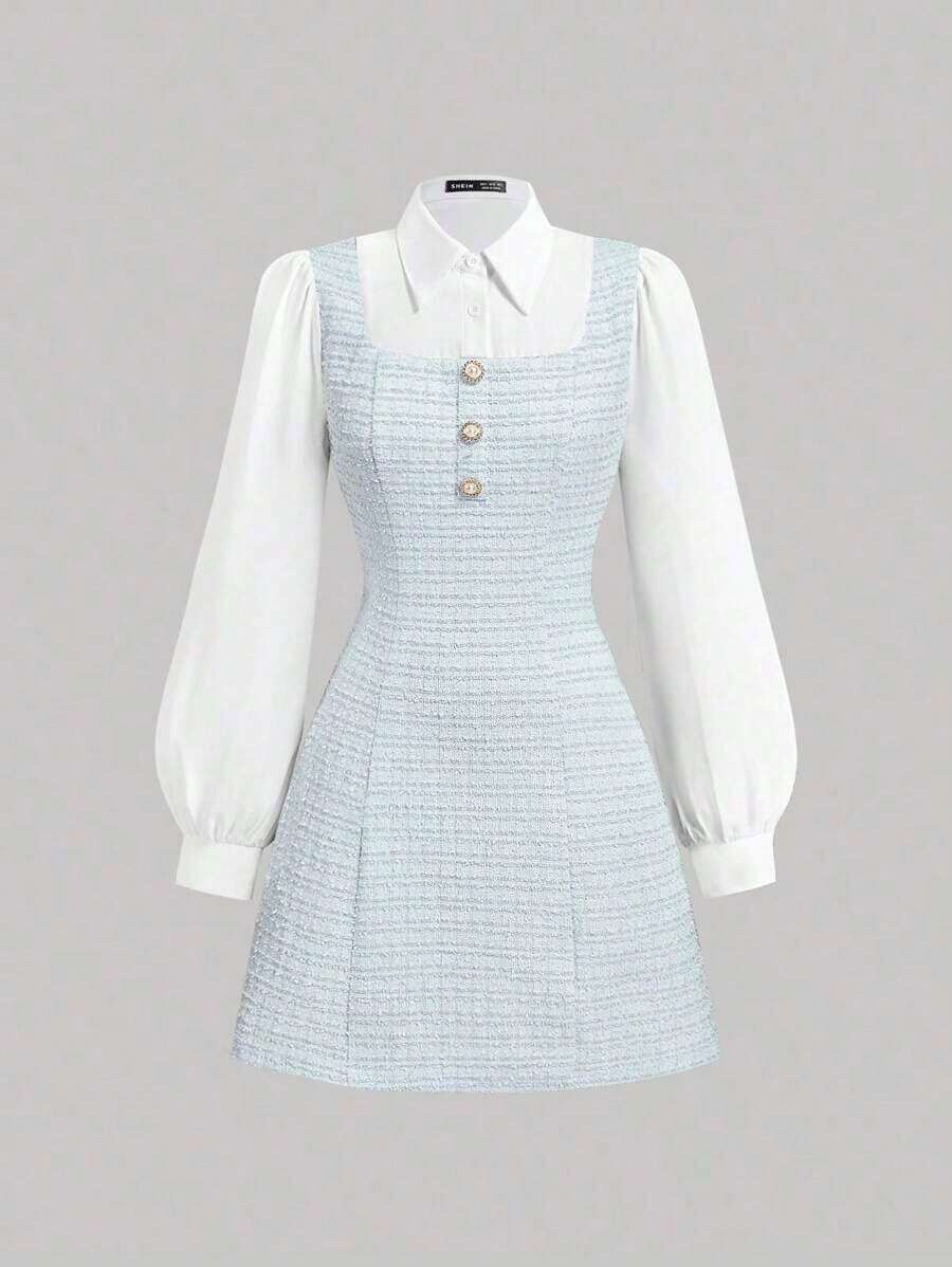 fsfvgsSHEIN MOD 1 pieza Vestido largo de manga larga con cuello y parche de cuadros elegante para mujer, otoñosbfb s G2RJ - Niebla azul - Ver 1