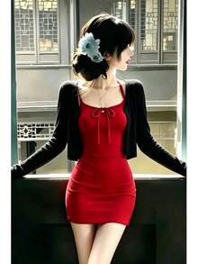 Women Midi Dresses - Black Cardigan - View 5
